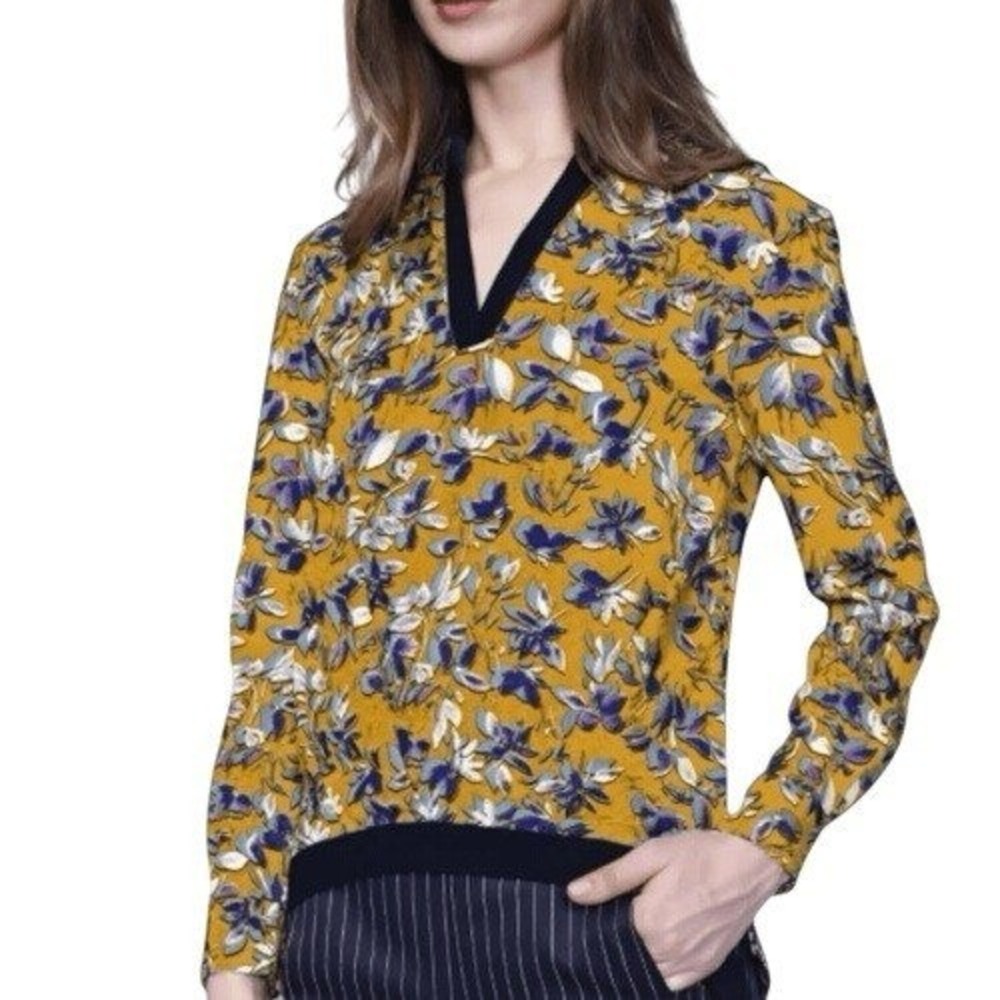 SMART AND JOY Mustard Yellow Floral V-Neck Blouse Navy Contrast Trim EUC SP